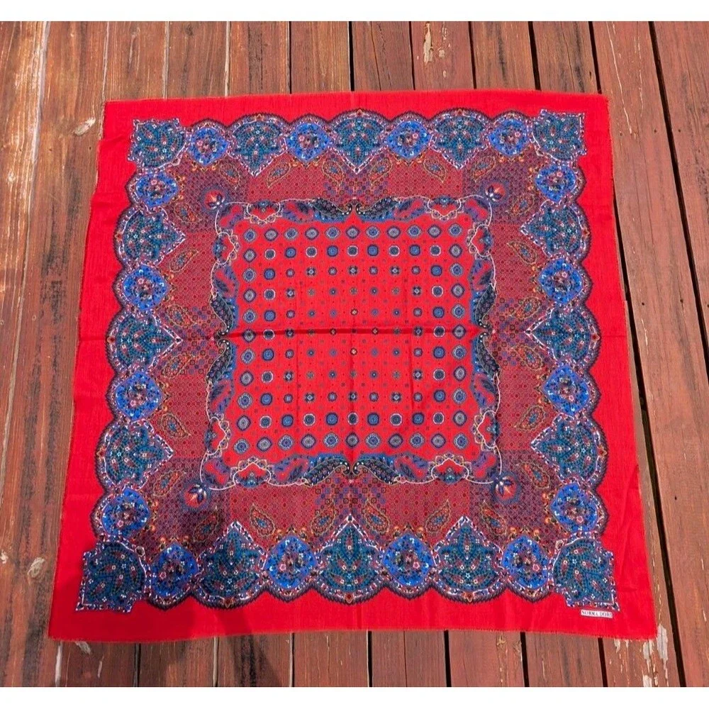 Vintage Paisley Scarf LARGE Norma Dori Red Bandana Print Square Wrap Retro 46